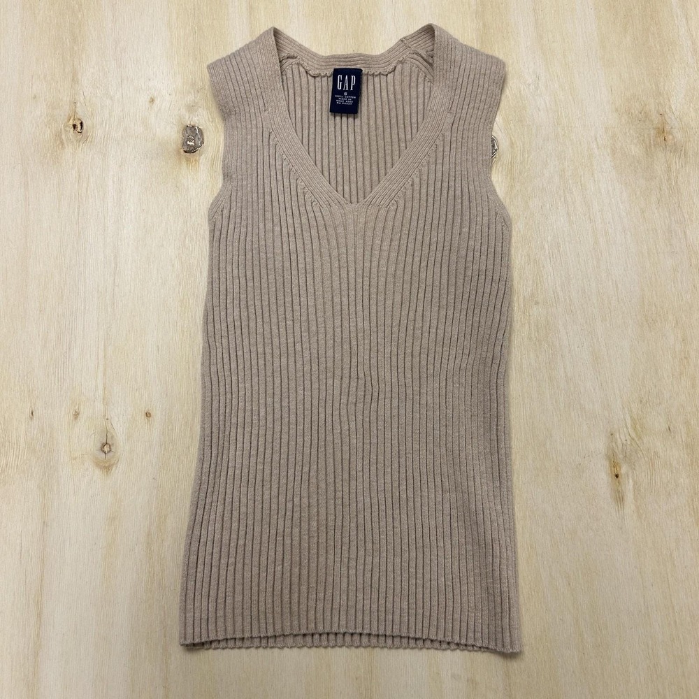 Y2K Gap Sweater Vest Womens Small Beige V Neck Ribbed Tight-Knit Cotton Stretch